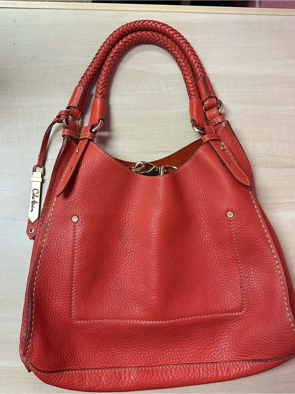 Cole Haan Orange Coral pebbled Leather Braided-Handle Hobo Bag